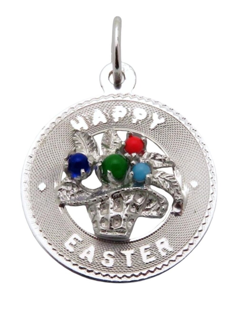 Vintage M&M Sterling Silver Happy Easter Basket Jeweled Disc Charm Pendant 1960s